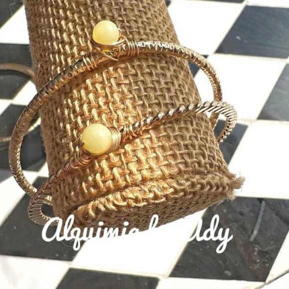 Lemon Jade gold statement bangle cuff bracelet set handmade bohemian luxury - Picture 2 of 7